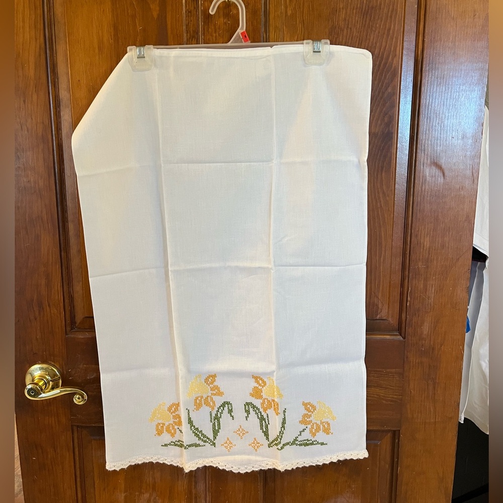 Pair of Handmade & Crosstiched Pillowcases w/Crochet Border 28.5” long x 20” w